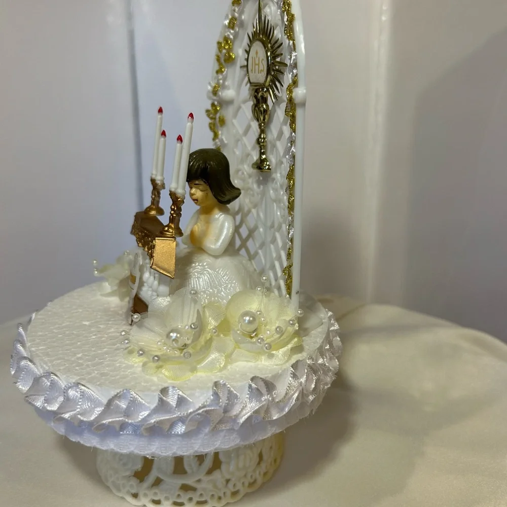 Elegant White and Gold First Communion Cake Topper